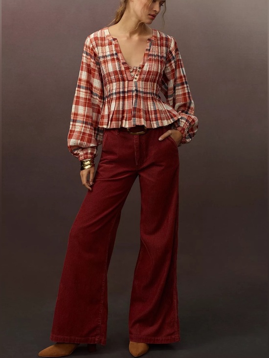 Pilcro Tops - Pilcro Pleated Swing Blouse Balloon Sleeve Plaid Metallic Anthropologie Size XS